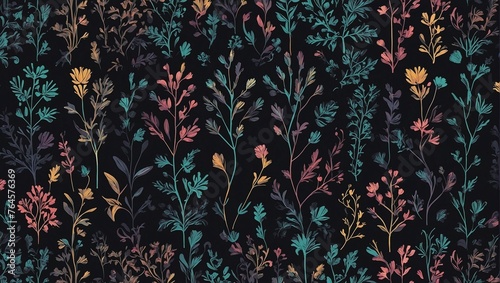on a black background a pattern of blue, red, yellow and purple flowers and grass
