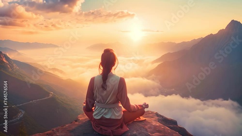 A woman sits atop a majestic mountain as the radiant colors of the sunset adorn the horizon, Young woman meditating at dawn on a mountain with panoramic views, AI Generated