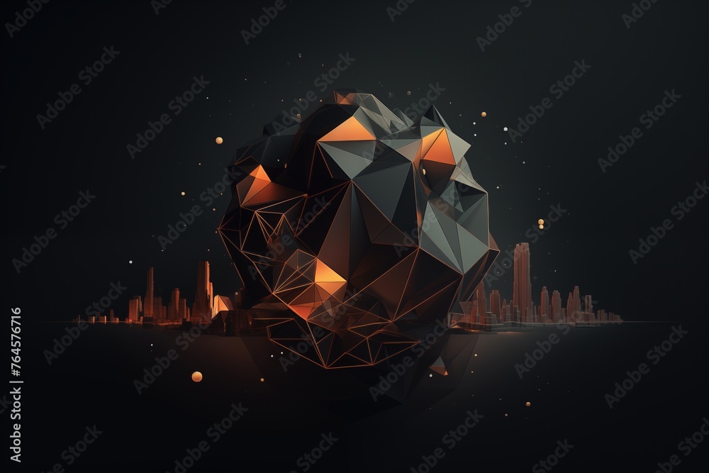 Geometric sphere floating over a minimalist city silhouette, against a night sky peppered with stars, evoking a sense of futuristic urbanism.