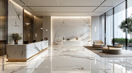 Minimalist style luxury building lobby with marble floor, The walls are mainly white, Reception desk with Sofa photo