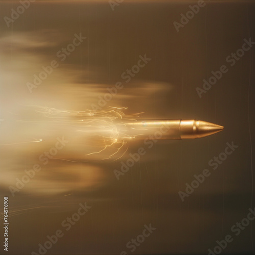high-speed camera capture of a golden bullet 5,56 × 45 mm NATO streaking toward a target with a lightning-like flash effect and a golden smoke-like shadow