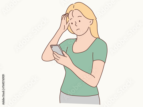 woman panic looking at smartphone screen. vector illustration