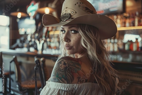 Cowgirl in a saloon bar wearing a cowboy hat and tattoos with a blank white shirt mockup. Concept Cowgirl Fashion, Saloon Bar Theme, Cowboy Hat Accessories, Tattoo Art, Blank Shirt Mockup