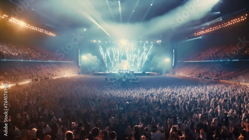 Concert crowd in front of bright stage lights and stage lights, A live event, such as a concert or halftime show, taking place at a sports stadium, AI Generated photo