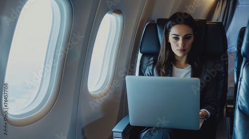 Generative AI : Flying at first class. Pretty young businees woman working on laptop computer while sitting in airplane. photo