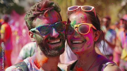 A foreigner couple enjoying holi festival in India.