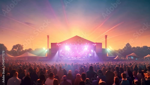 Concert stage with people silhouettes and rays of light at night, audience at an outdoor concert at stadium arena, AI Generated photo