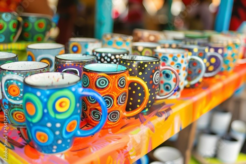 handpainted mugs on a vibrant market stall display © primopiano
