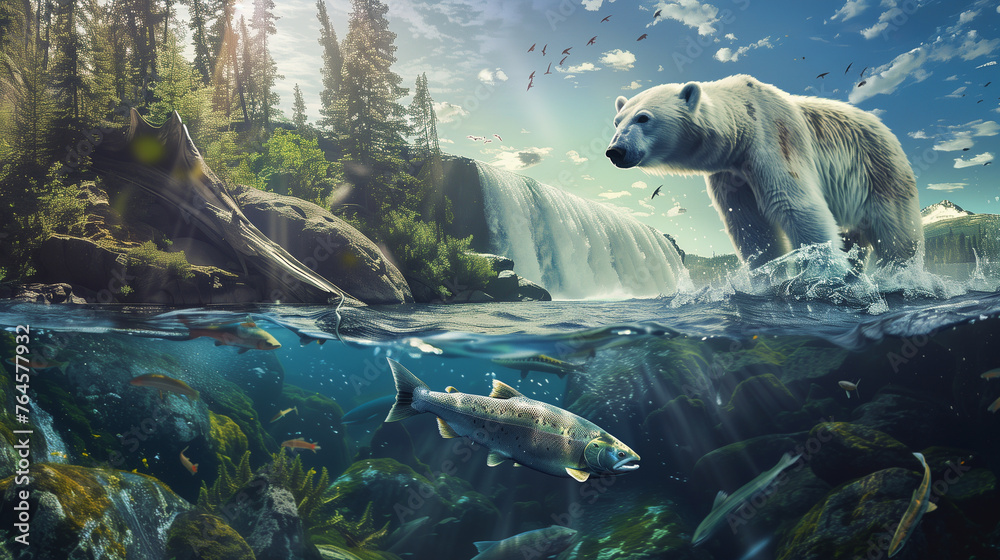 Fototapeta premium River with waterfall in northern, fishes under clear water and mountain with polar bear above water