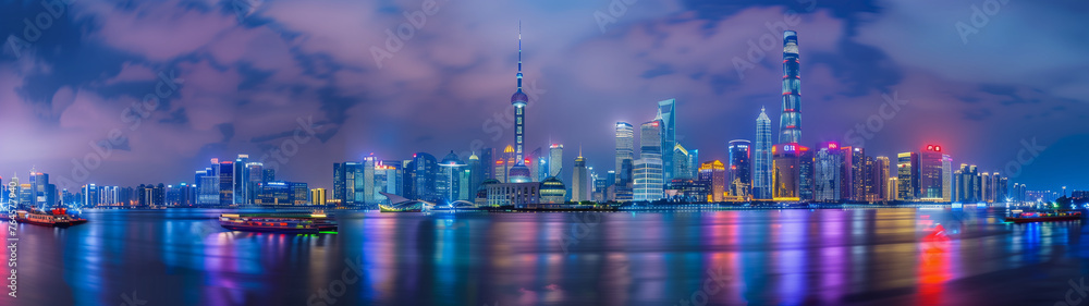 Fototapeta premium night cityscape panorama, ultrawide urban background or wallpaper (4)
