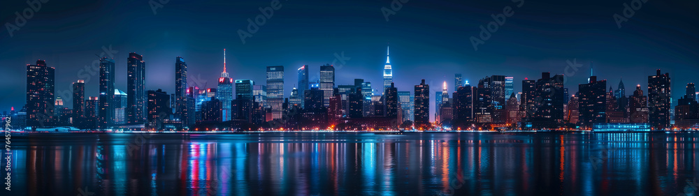 Fototapeta premium night cityscape panorama, ultrawide urban background or wallpaper (1)