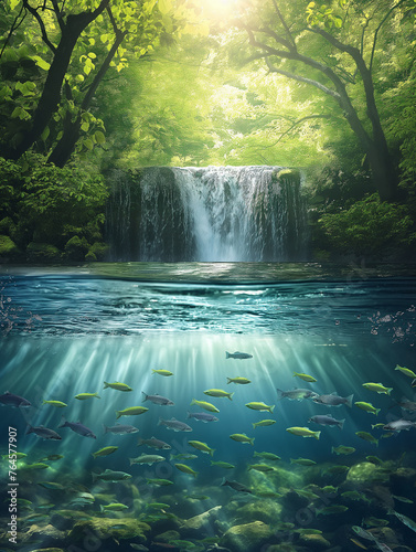 Scenic waterfall in deep forest with fishes under clear water