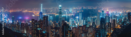 night cityscape panorama, ultrawide urban background or wallpaper (5) photo