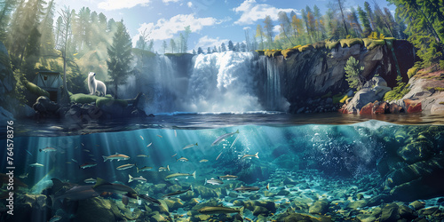 River with waterfall in northern, fishes under clear water and polar bear above water