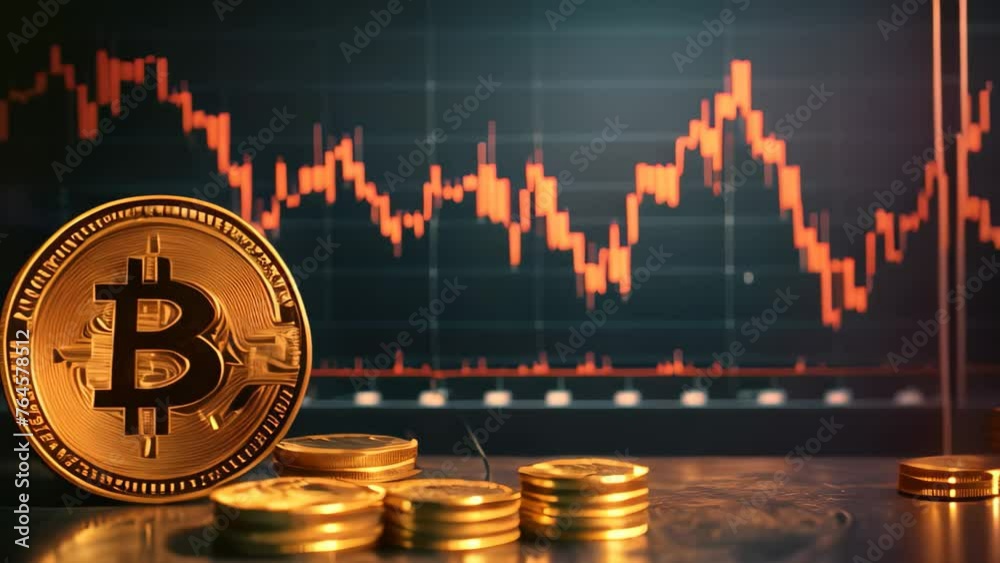 Bitcoin cryptocurrency coin on the background of the financial chart. 3D rendering, bitcoin with price chart, AI Generated