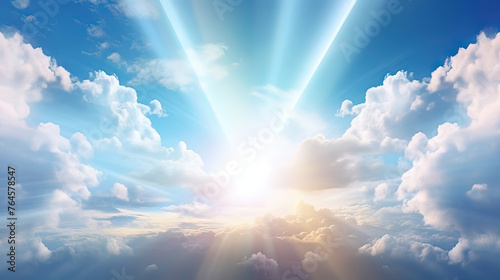 The resurrected Jesus Christ ascending to heaven above the bright light sky and clouds and God, Heaven and Second Coming concept. Generative ai illustration. © Jenthakarn