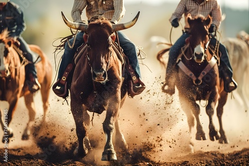 Rodeo cowboys showcasing their skills riding bucking broncos and roping cattle in actionpacked competition. Concept Rodeo Competitions, Bucking Broncos, Cattle Roping, Cowboy Skills photo