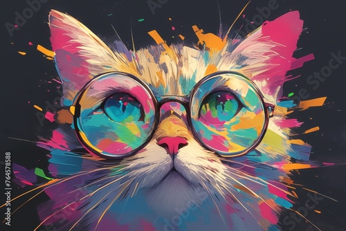 A colorful cat with glasses in a colorful paint splash digital art  © Photo And Art Panda
