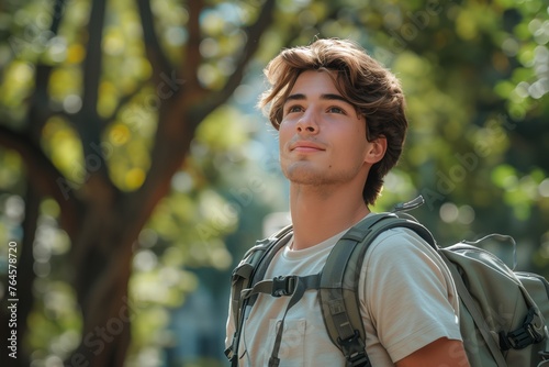 Portrait of happy smiling tourist man 30-35 years old with backpack walking at the sity. Yong man doing rucking in the nature conditions. Vacation, Travel cincept. Rucking workout at the outdoor photo