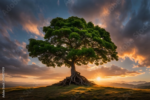 A single tree standing tall in a vast, open field at sunrise Desktop Wallpaper