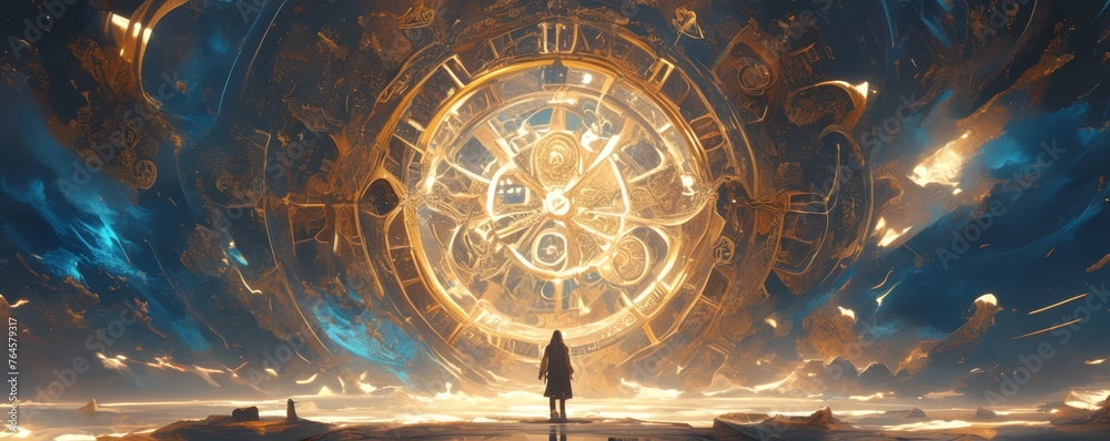 A glowing ancient cosmic clock with the zodiac signs on its face stands in an otherworldly landscape, surrounded by ethereal figures and celestial bodies, creating a sense of wonder and mystery.  - obrazy, fototapety, plakaty 
