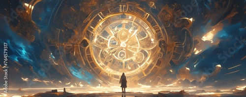 A glowing ancient cosmic clock with the zodiac signs on its face stands in an otherworldly landscape, surrounded by ethereal figures and celestial bodies, creating a sense of wonder and mystery.  photo