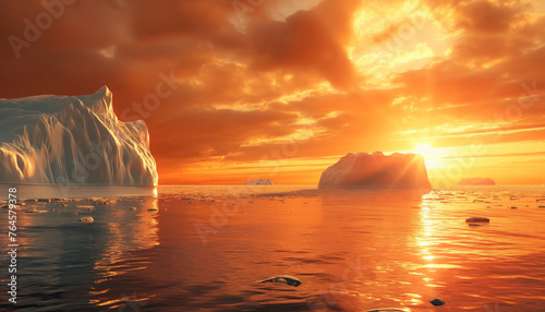 Climate Change Impact on Glaciers at Sunset in Antarctica, A beautiful sunset over the ocean with a large iceberg in the background. The sky is orange and the water is calm