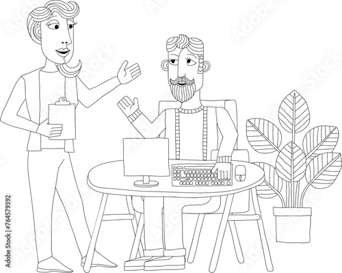 A woman and a man at work business illustration of an office scene with a computer workstation. In an original abstract cubist flat modern cartoon style.
