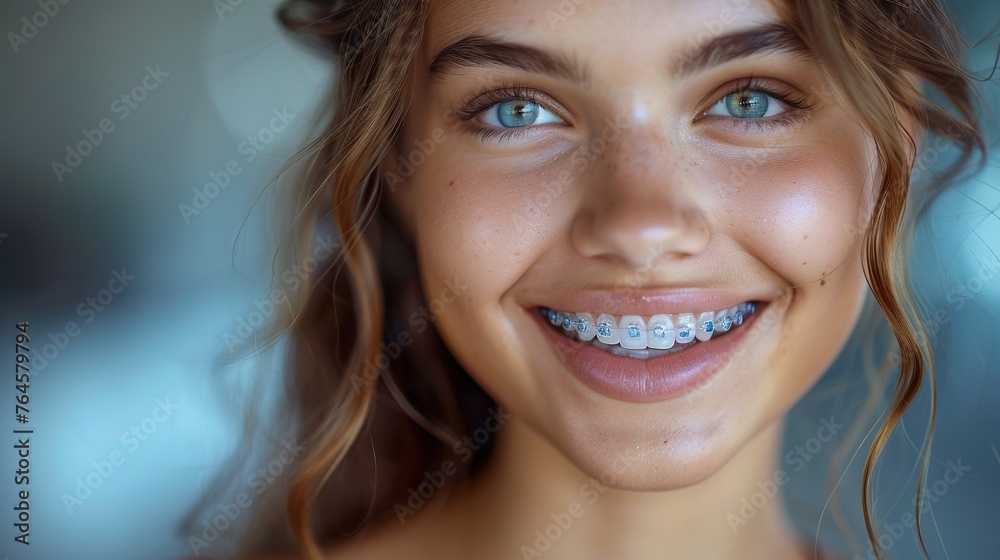 Young woman smile with dental braces. Brackets on the teeth after whitening - obrazy, fototapety, plakaty 