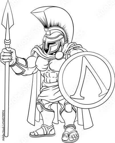 A Spartan or Tojan warrior or a Roman gladiator cartoon character in outline