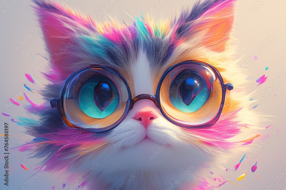 3D vector design art in the style of an ultrarealistic cartoon, a cute cat with glasses, colorful fur