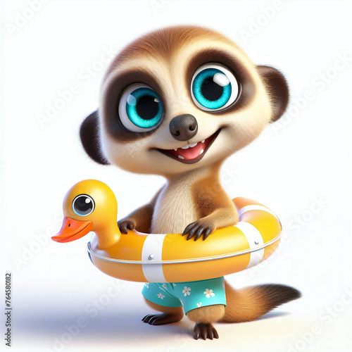 3d small cute meerkat character with inflatable buoy © M.studio