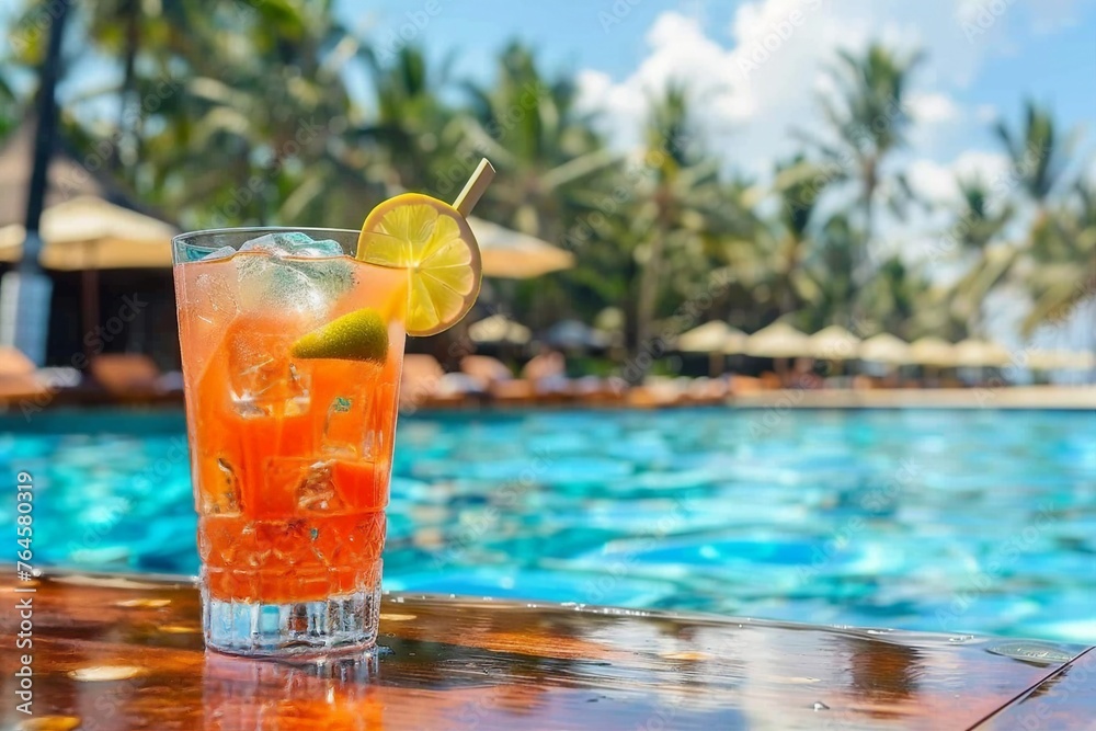 Cocktail glasses at pool, beach side. generative ai. Cocktail glasses at pool, beach side. generative ai.