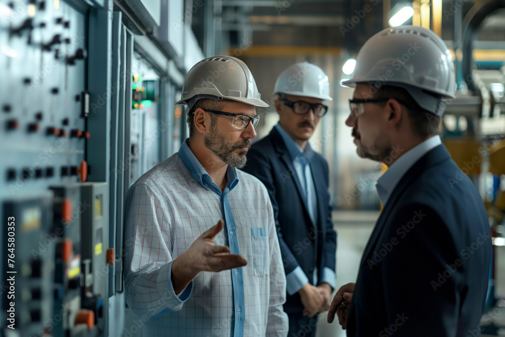 Factory executives meeting, Three men in hard hats are talking to each other in a factory. They are wearing suits and are discussing something important Factory executives meeting, Three men in hard hats are talking to each other in a factory. They are wearing suits and are discussing something important