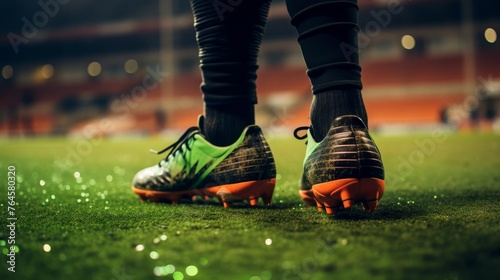 Athlete's feet in soccer shoes in the stadium