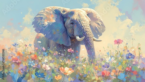 A beautiful painting of an elephant in the middle surrounded by colorful flowers. 
