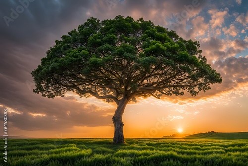A single tree standing tall in a vast  open field at sunrise Desktop Wallpaper