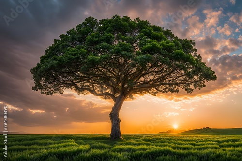 A single tree standing tall in a vast, open field at sunrise Desktop Wallpaper