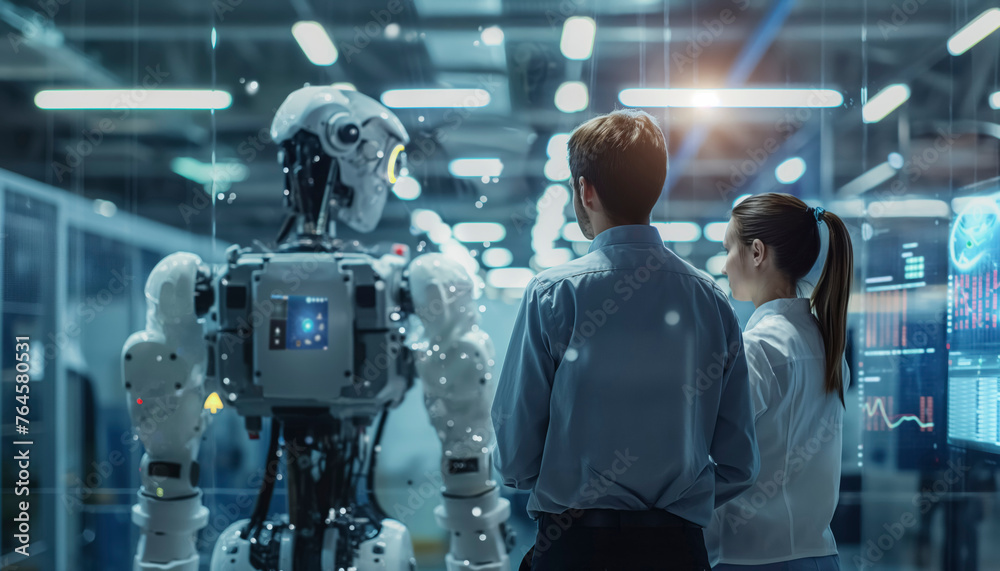 Futuristic, humanoid robot, A robot is standing in front of two people, one of whom is wearing a tie. The robot is surrounded by a futuristic environment, with a computer screen background, curiosity