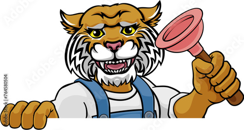 A wildcat plumber cartoon mascot holding a toilet or sink plunger peeking round a sign