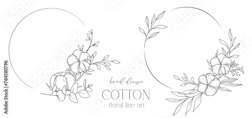 Hand Drawn Cotton Flowers Line Art Illustration. Cotton Balls isolated on white. Hand drawn floral frame Cotton Plant Black and white illustration. Fine Line Cotton illustration. 
