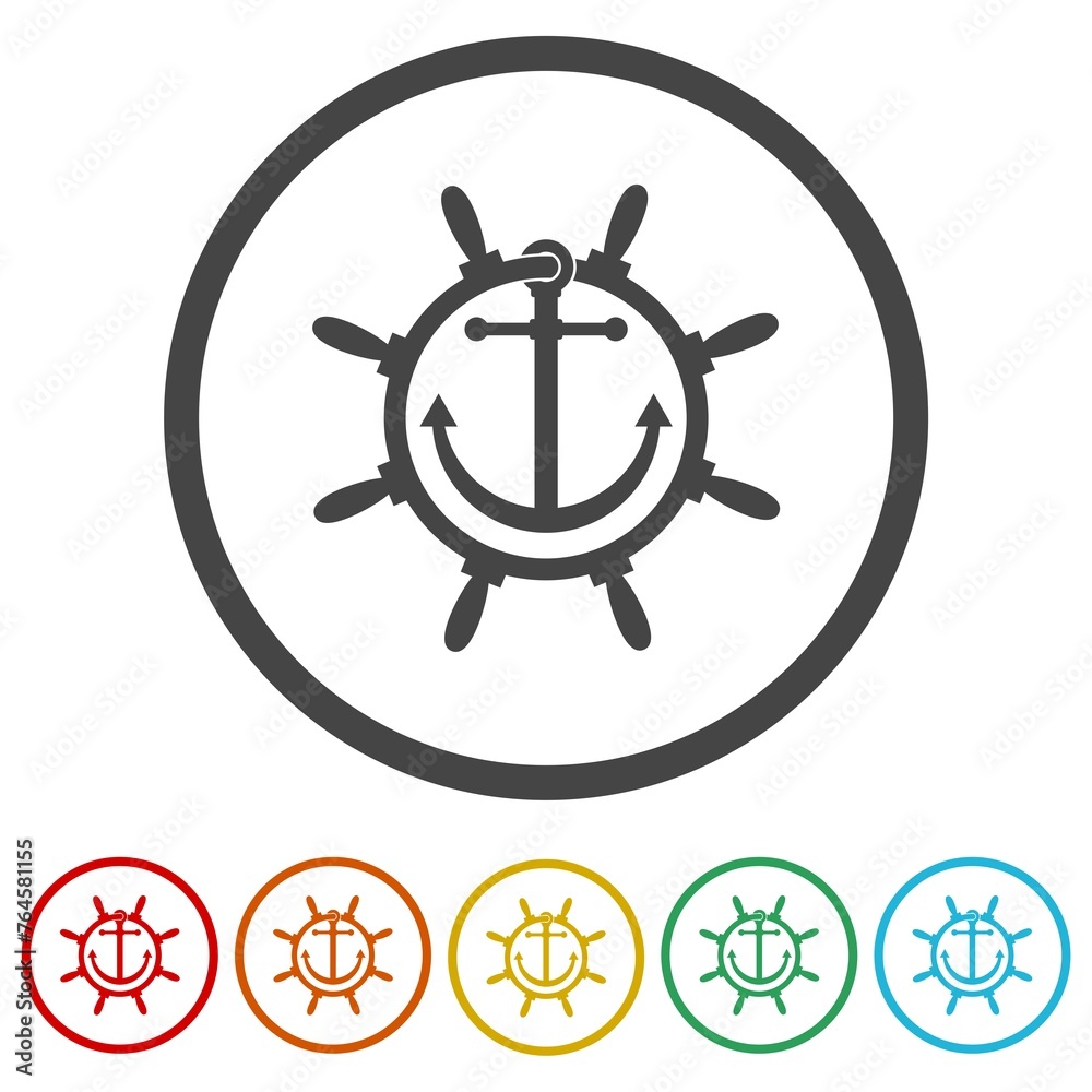 Ship steering wheel with anchor inside icon. Set icons in color circle buttons