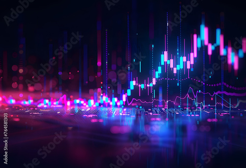 Stock Market Trends Under Blue and Purple Neon Glow: High-Resolution, Dynamic Perspective and Depth in Financial Illustration