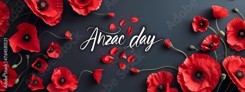 Anzac Day - lettering calligraphy text, poppy flowers on dark background. Remembrance day symbol. photo