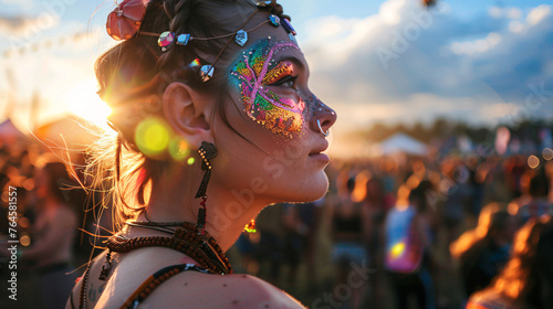 a female model looking out over the summer music festival, with a sparkling, glitter crystal face paint photo
