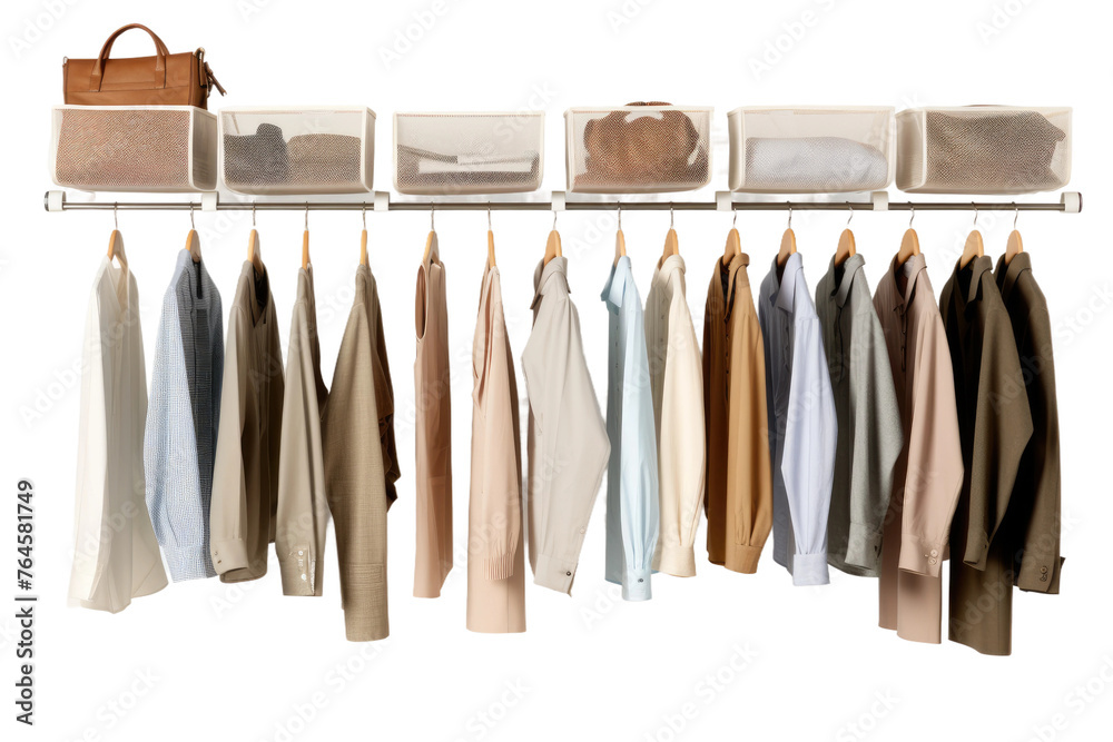 Ethereal Elegance: Clothes and Purse Dangling on Rack. On White or PNG Transparent Background..