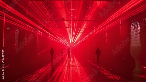 People walking through a corridor illuminated by red lasers. The concept of futuristic space and technology. photo