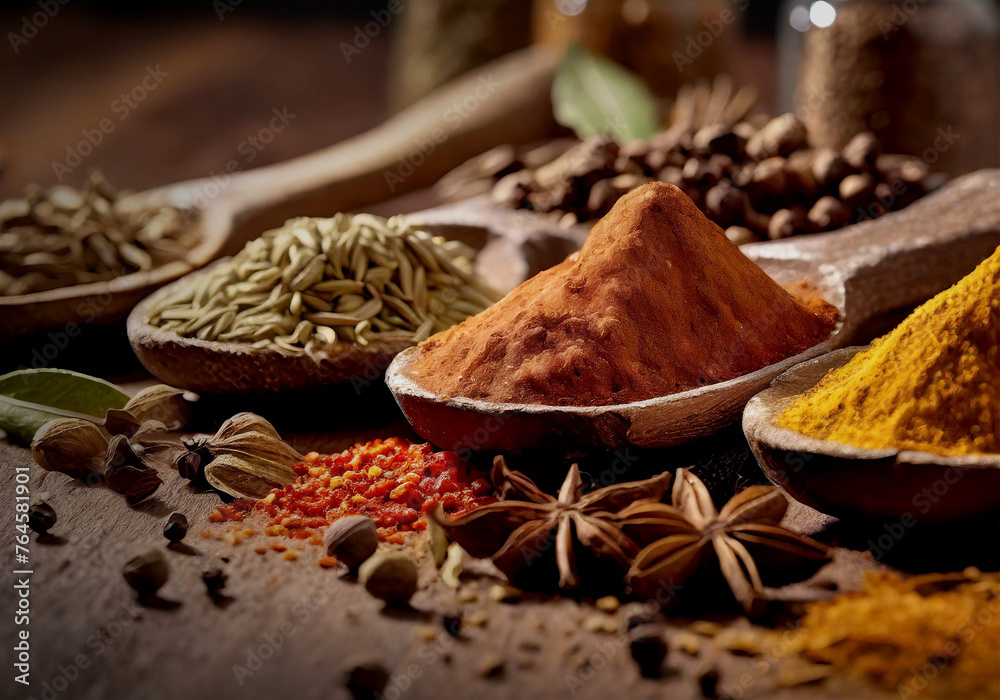 several types of spices on a wooden table hyper realistic 3d illustration