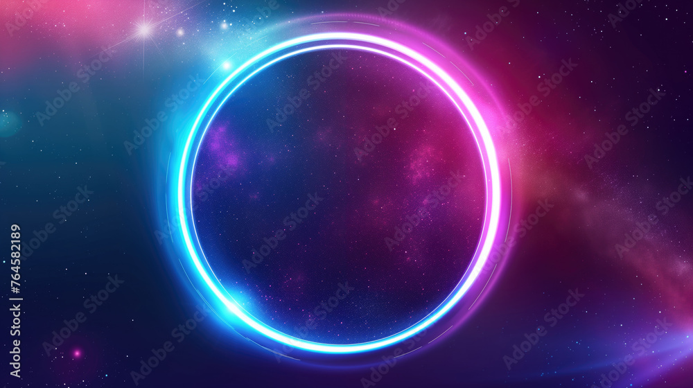 abstract background, cosmic landscape, round portal, pink blue neon light, virtual reality, energy source, glowing round frame, dark space, ultraviolet spectrum, laser ring, generative ai