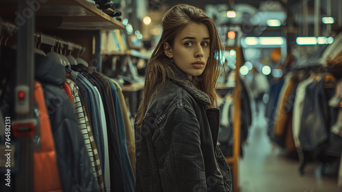 pretty young woman shopping at a clothing store, young girl in the shop, pretty woman portrait © Gegham